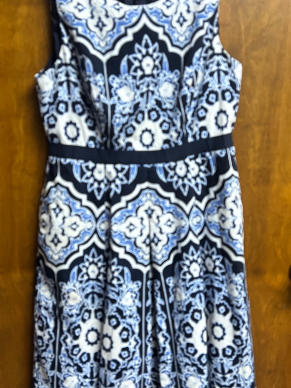 Talbots Petite Sleeveless Black & Blue Medallion Print Dress